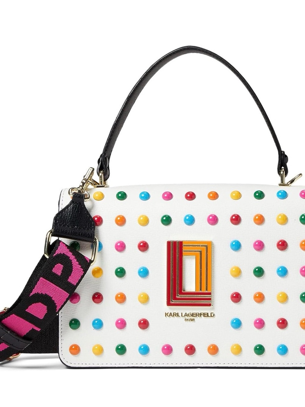 Karl Lagerfeld White Top-Handle Satchel with Multicolor Studs